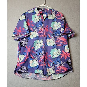 F&F 100% Cotton Purple Tropical Floral SS Hawaiian Style Button Up Shirt Men XL